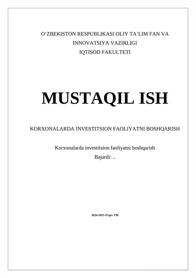 Korxonalarda investitsion faoliyatni boshqarish