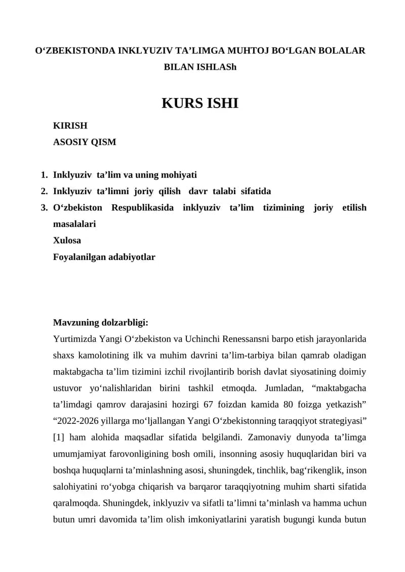 Inklyuziv ta’limga muhtoj bolalar bilan ishlash kurs ishi