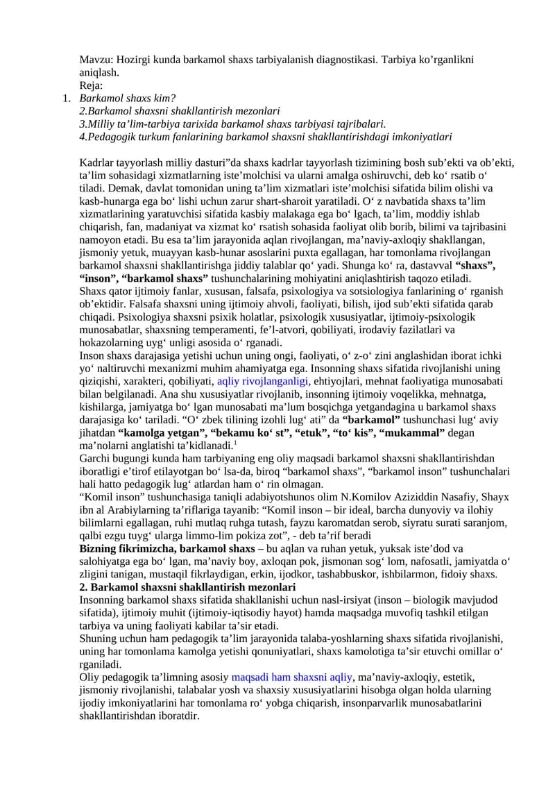 Hozirgi kunda barkamol shaxs tarbiyalanish diagnostikasi