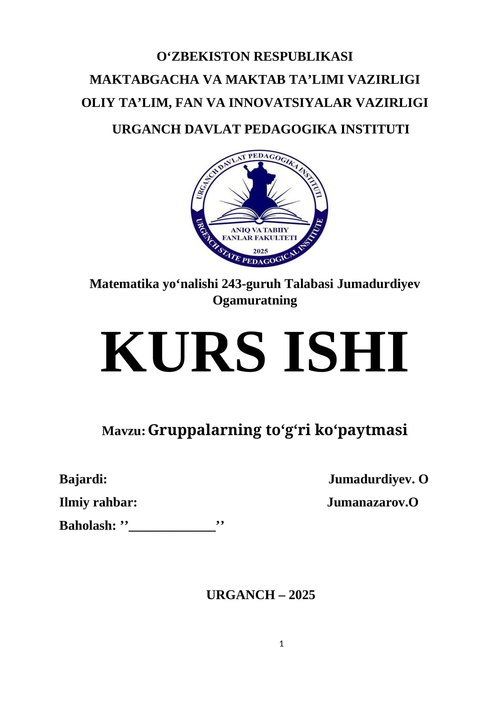 Algebra. GRUPPALARNING TOGRI KOPAYTMASI