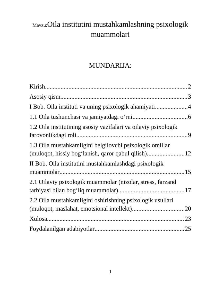 Oila institutini mustahkamlashning psixologik muammolari