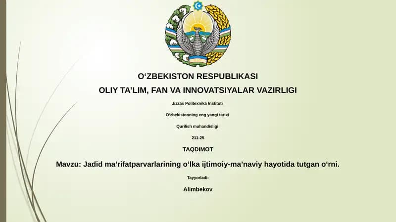 Jadid Ma'rifatparvarlarining O‘Lka Ijtimoiy-Ma’naviy Hayotida Tutgan O‘rni
