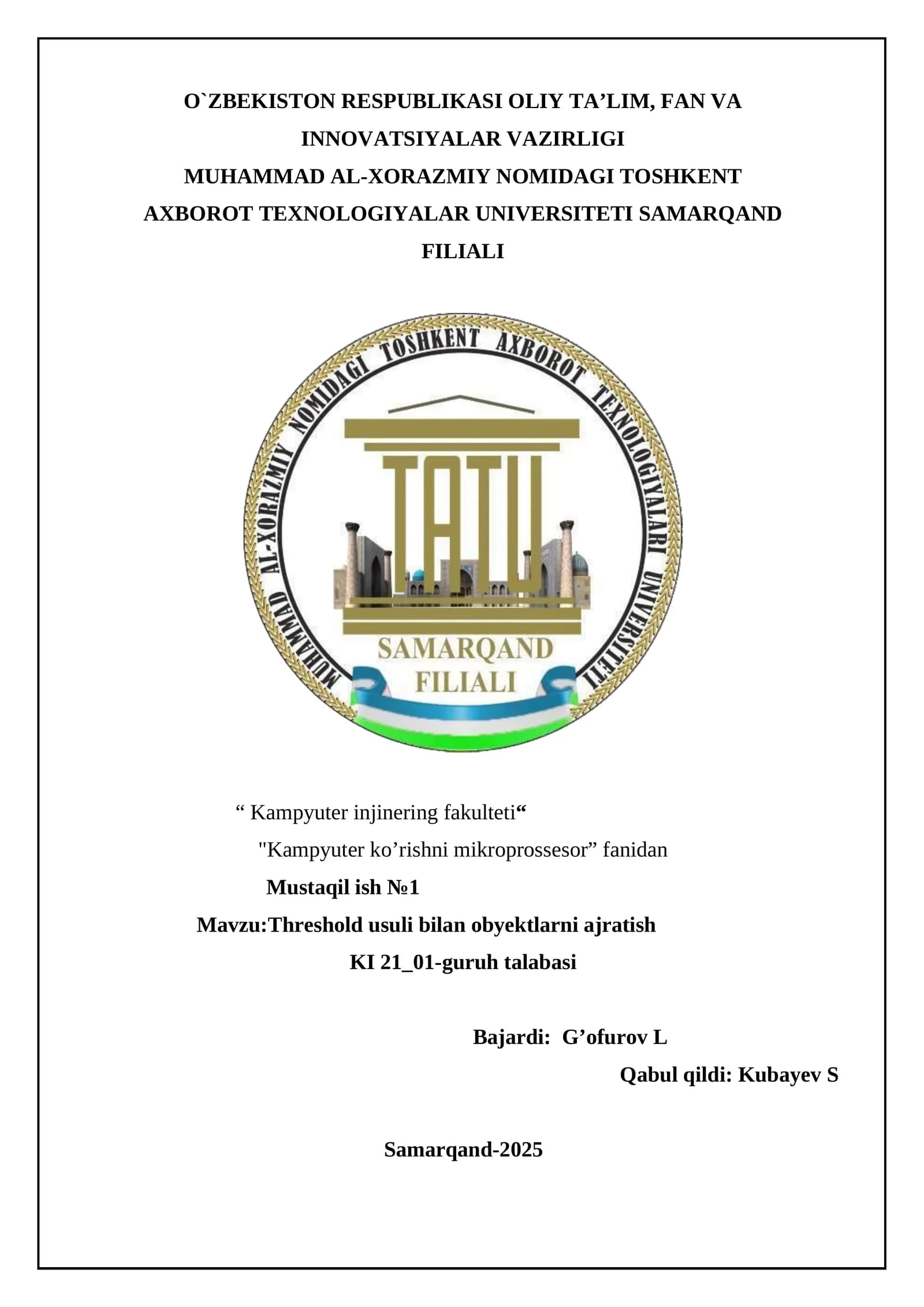 Threshold usuli bilan obyektlarni ajratish