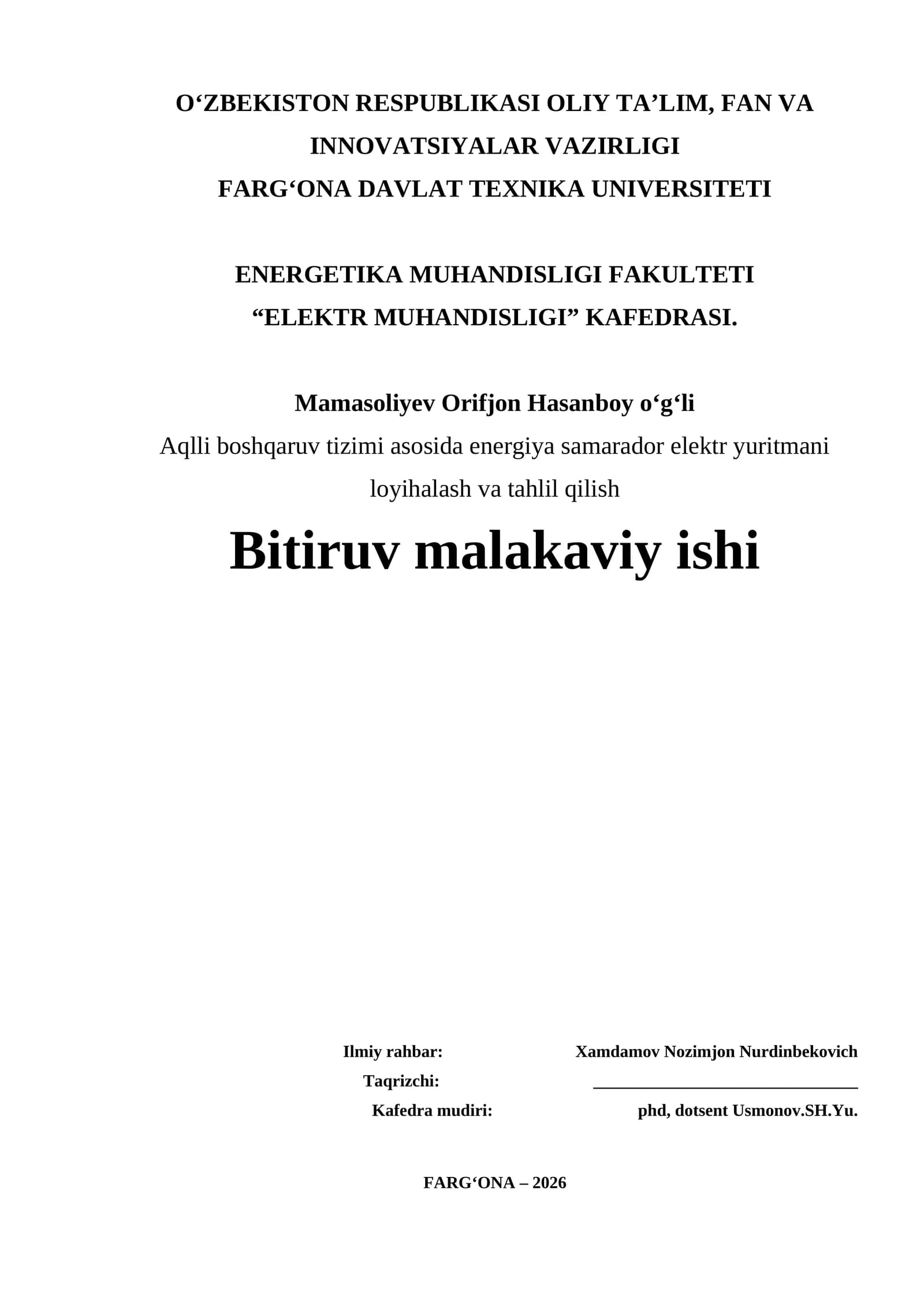 Energetika muhandisligi fakulteti bitiruv malakaviy ishi