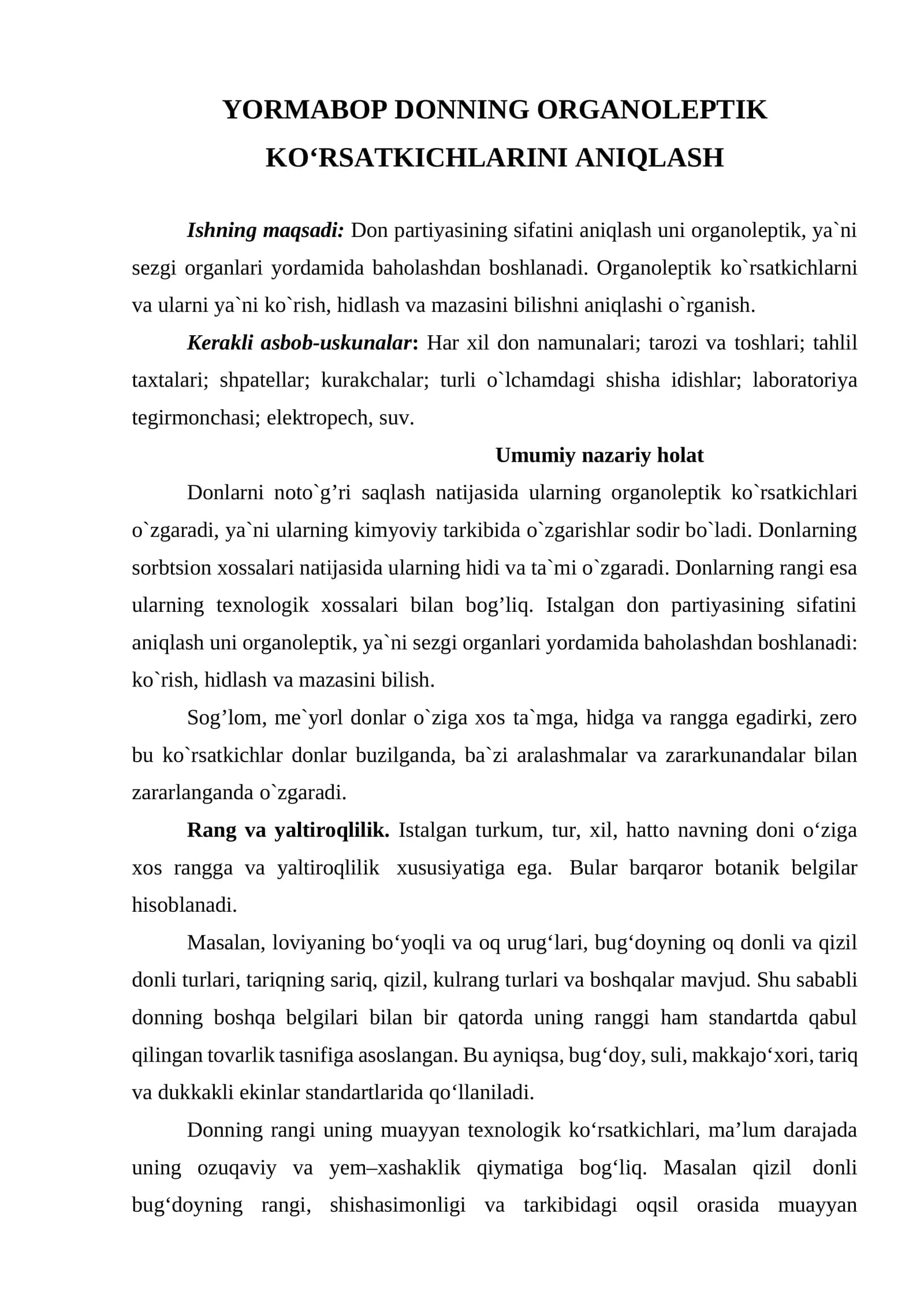 Donning Organoleptik Ko’rsatkichlarini Aniqlash