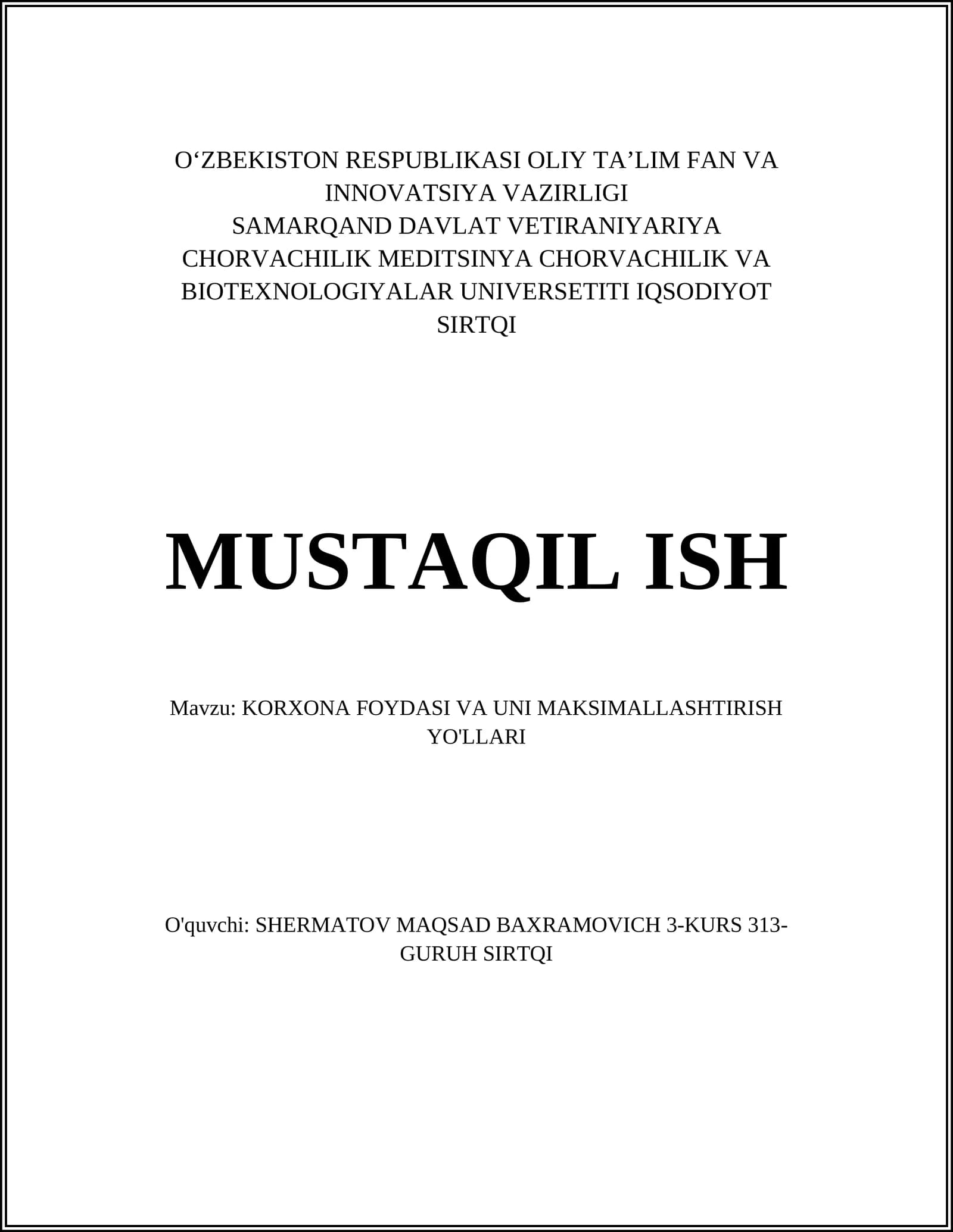 KORXONA FOYDASI VA UNI MAKSIMALLASHTIRISH YO'LLARI