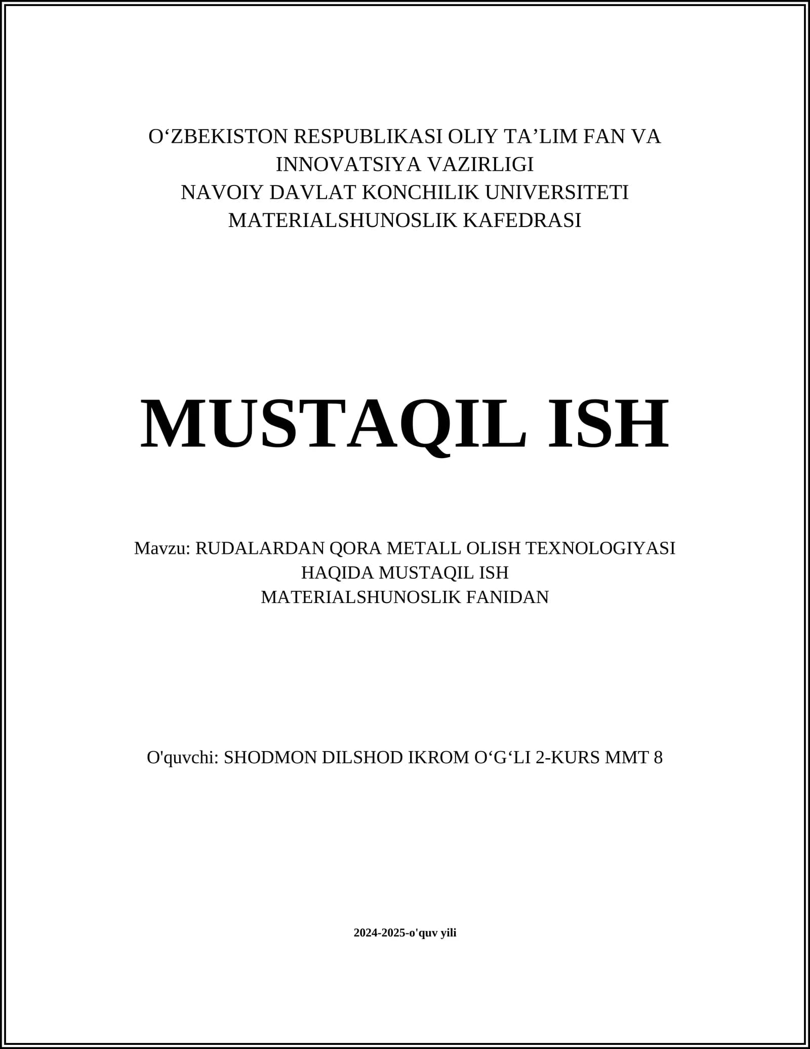 RUDALARDAN QORA METALL OLISH TEXNOLOGIYASI