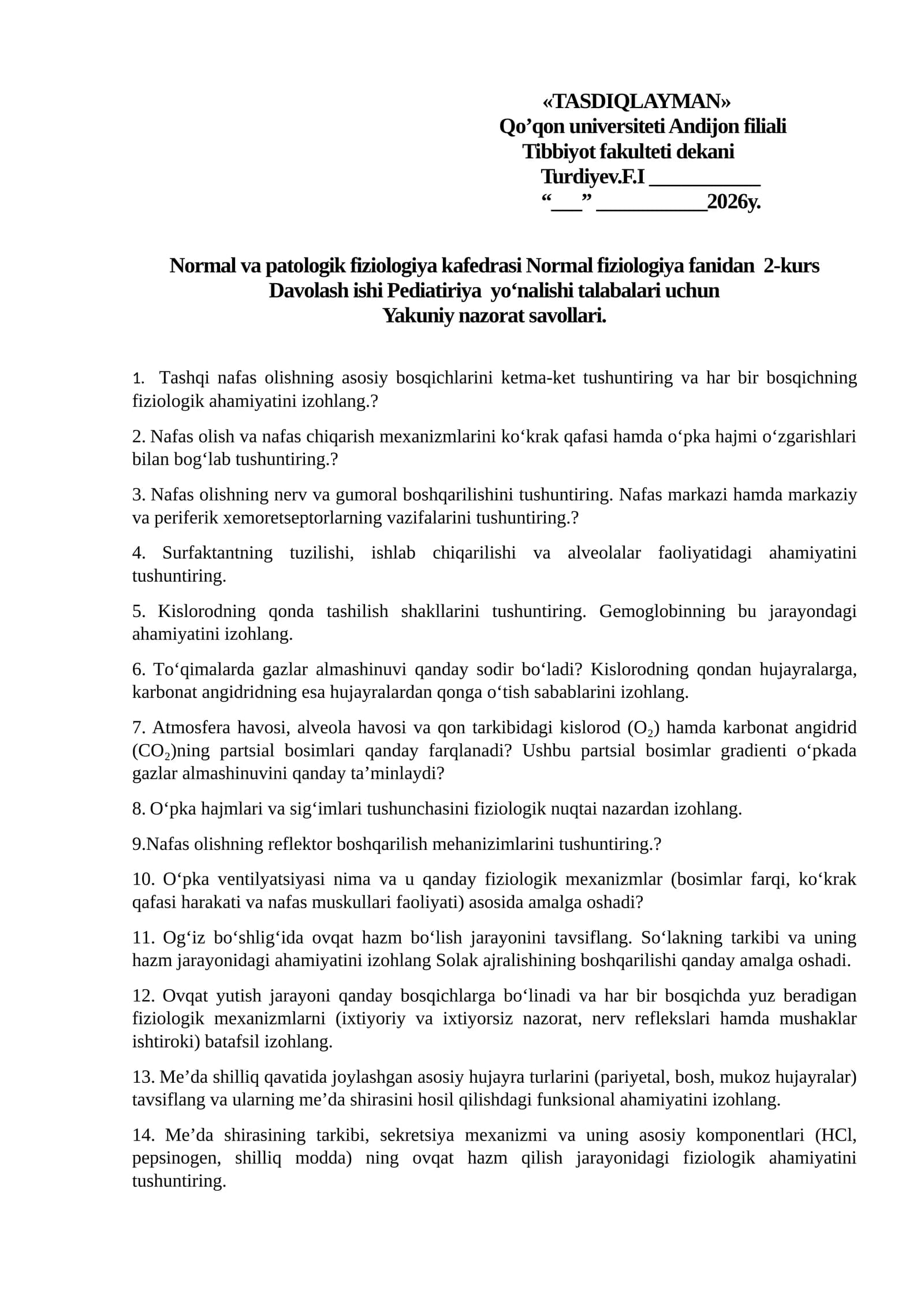 Qo'qon universiteti Andijon filiali Tibbiyot fakulteti dekani Turdiyev F.I "TASDIQLAYMAN" 2026 yil