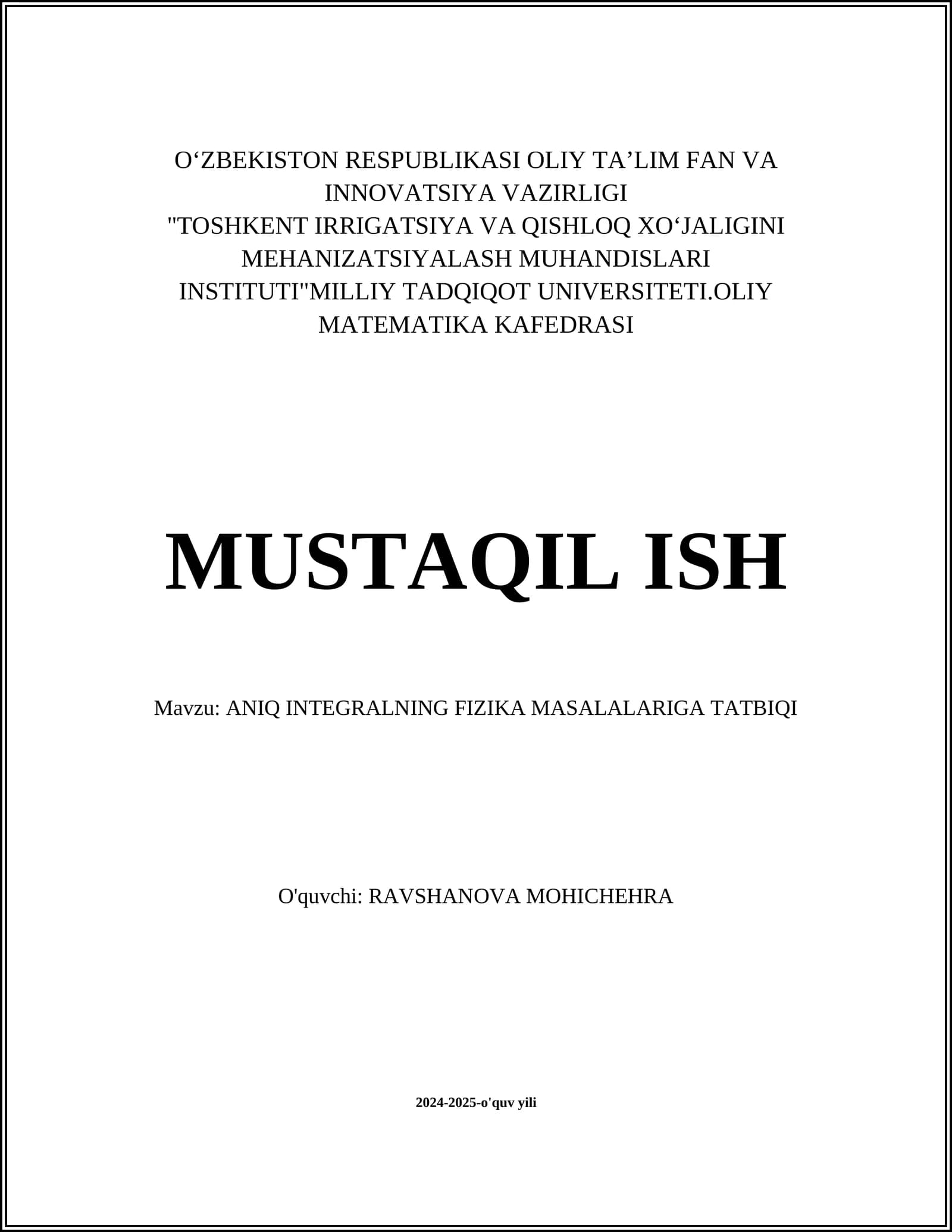 ANIQ INTEGRALNING FIZIKA MASALALARIGA TATBIQI