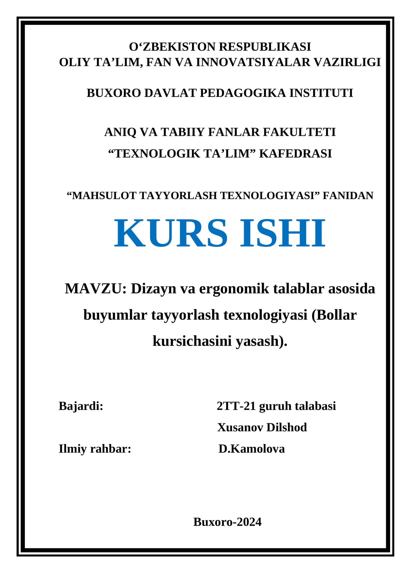 Bolalar kursichasini tayyorlash texnologiyasi (Bollar kursichasini yasash)