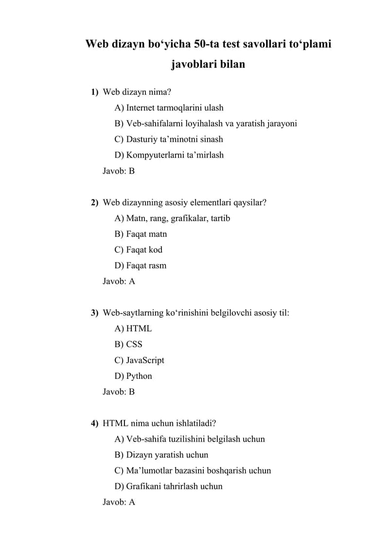 Web dizayn boʻyicha 50-ta test savollari to‘plami  javoblari bilan