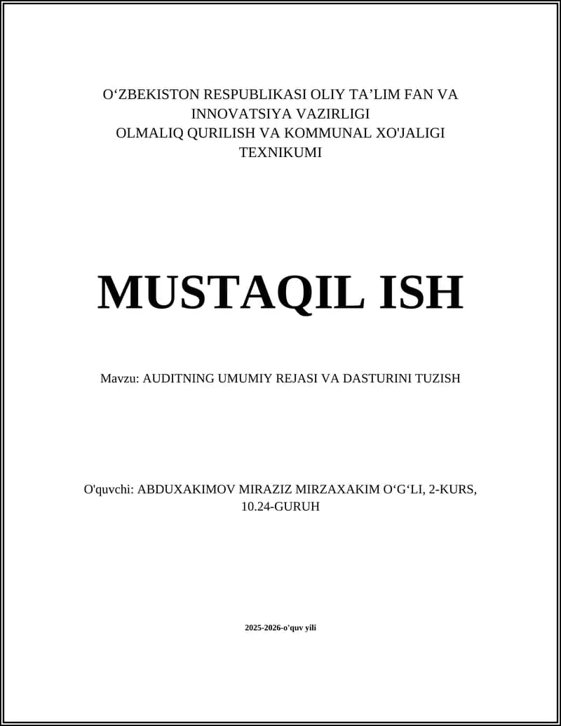 AUDITNING UMUMIY REJASI VA DASTURINI TUZISH
