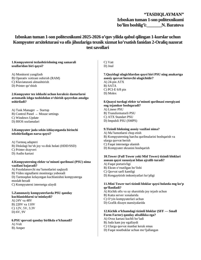 Kompyuter arxitekturasi 3-oraliq nazorat