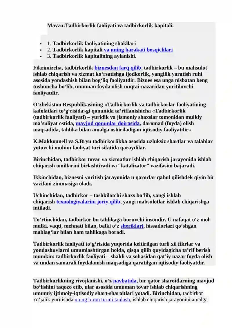 Tadbirkorlik faoliyati va tadbirkorlik kapitali