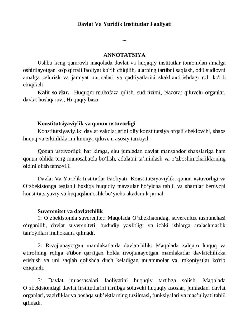 Davlat Va Yuridik Institutlar Faoliyati