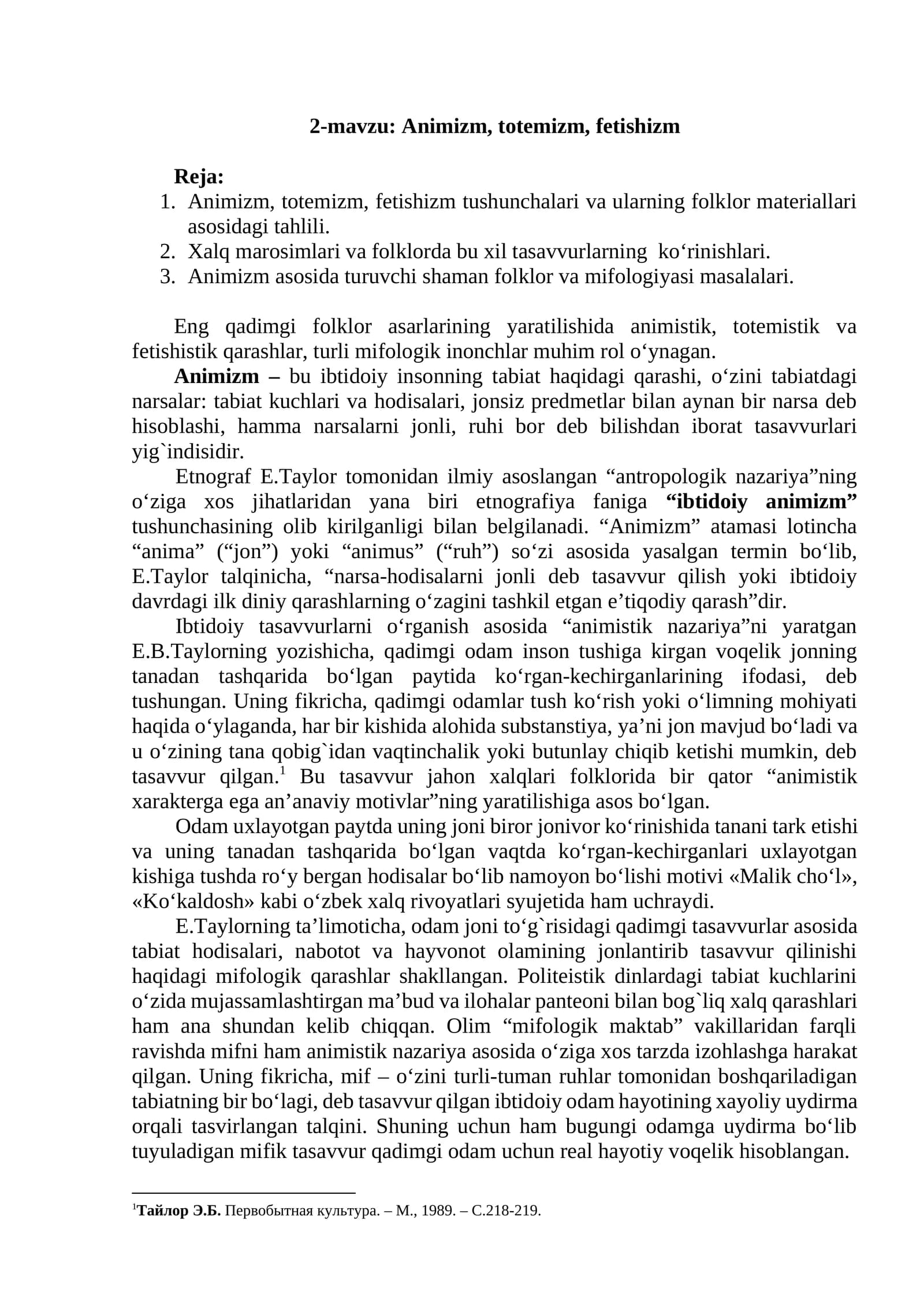 2-mavzu: Animizm, totemizm, fetishizm