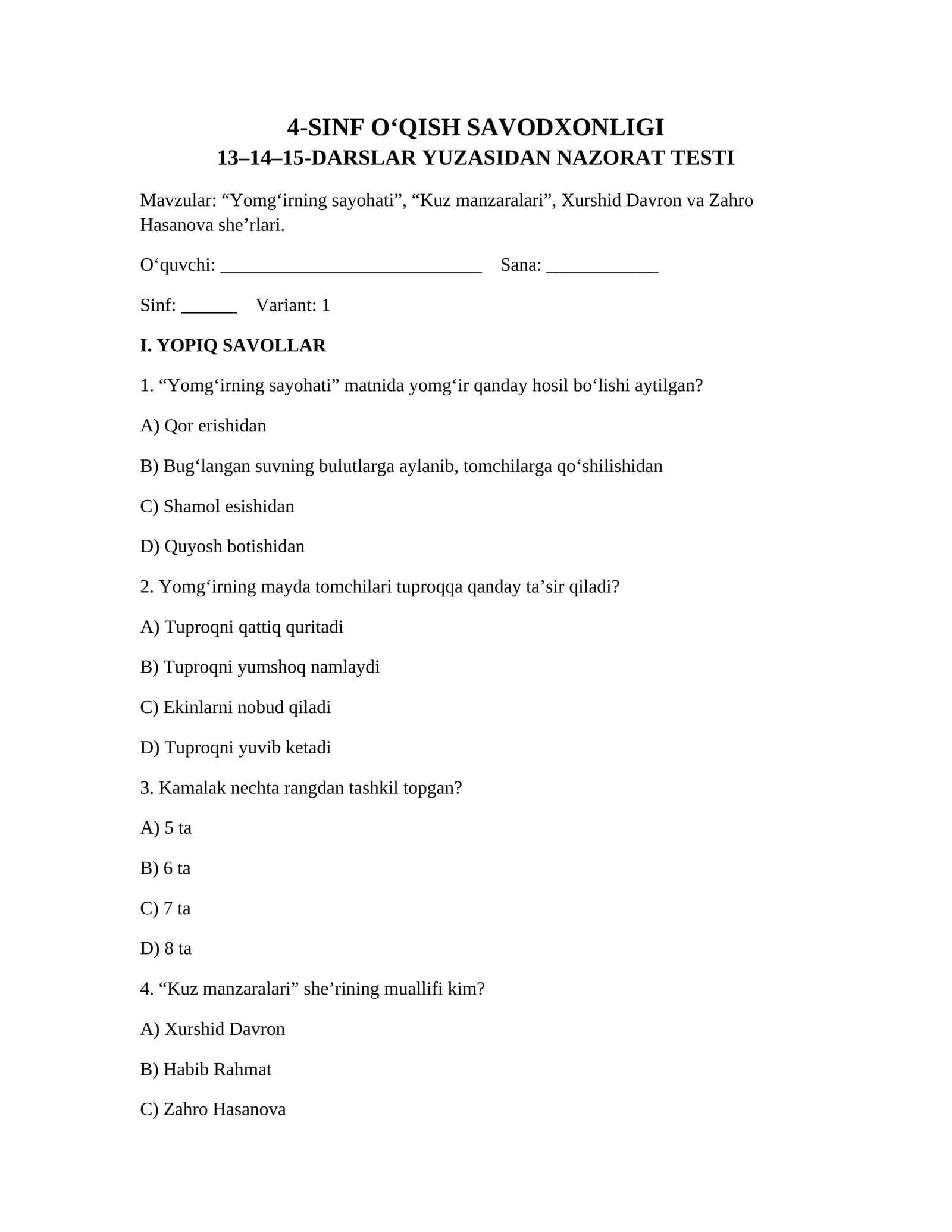 13–14–15-DARSLAR YUZASIDAN NAZORAT TESTI