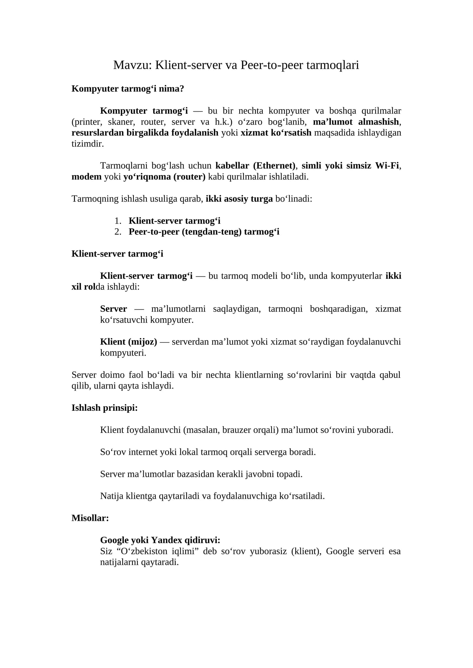 Klient-server va Peer-to-peer tarmoqlari