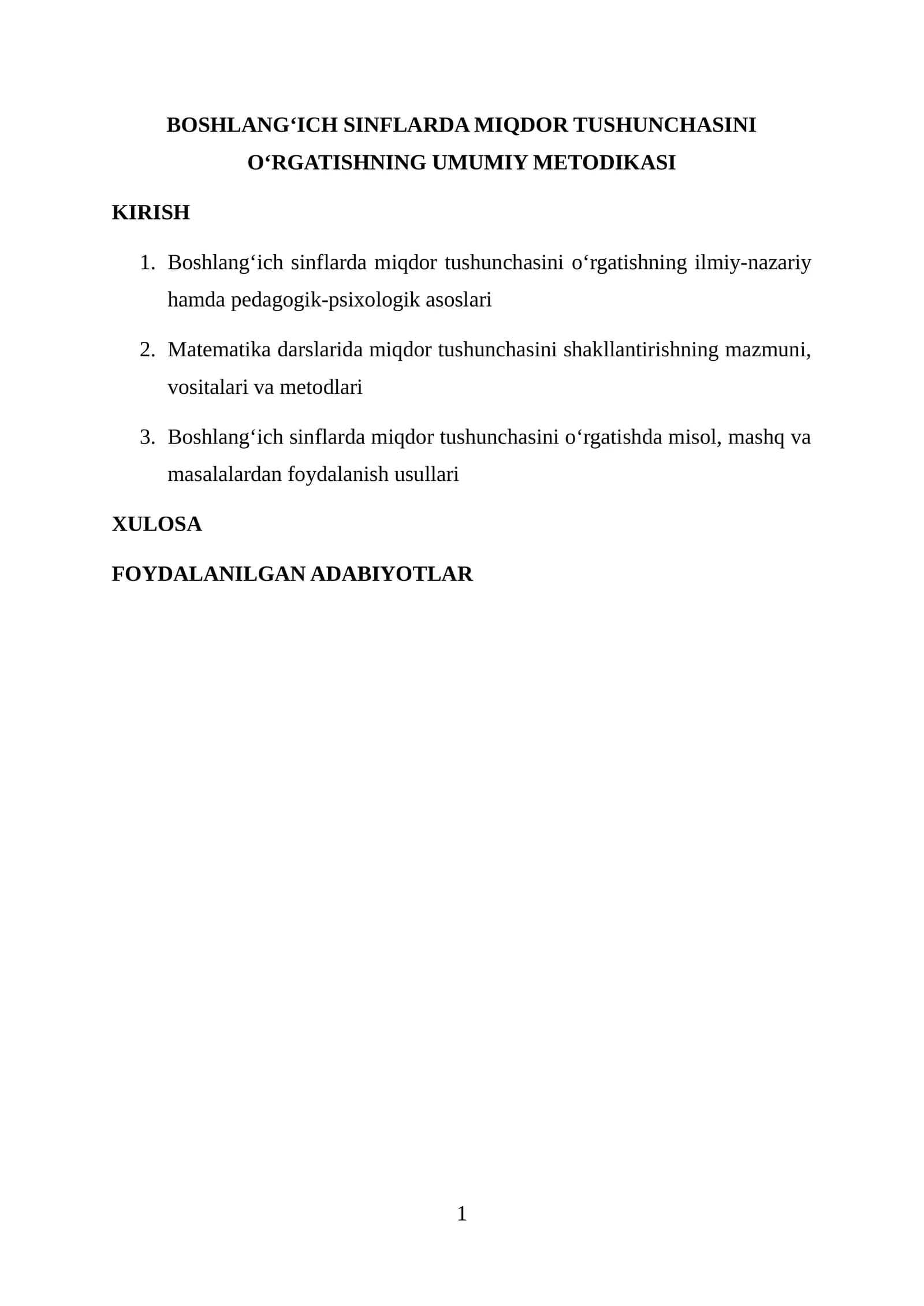 BOSHLANG‘ICH SINFLARDA MIQDOR TUSHUNCHASINI O‘RGATISHNING UMUMIY METODIKASI