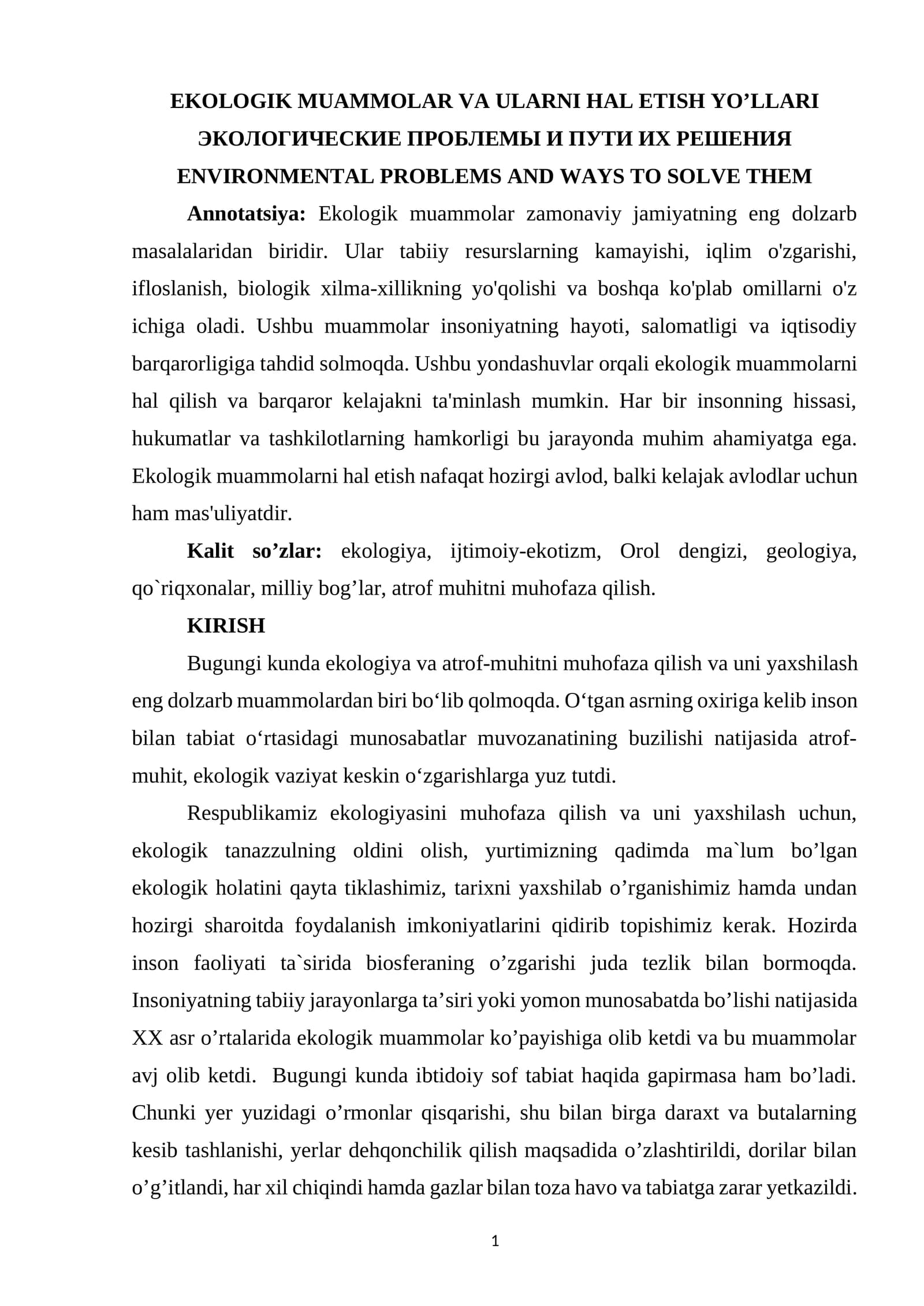 EKOLOGIK MUAMMOLAR VA ULARNI HAL ETISH YO’LLARI