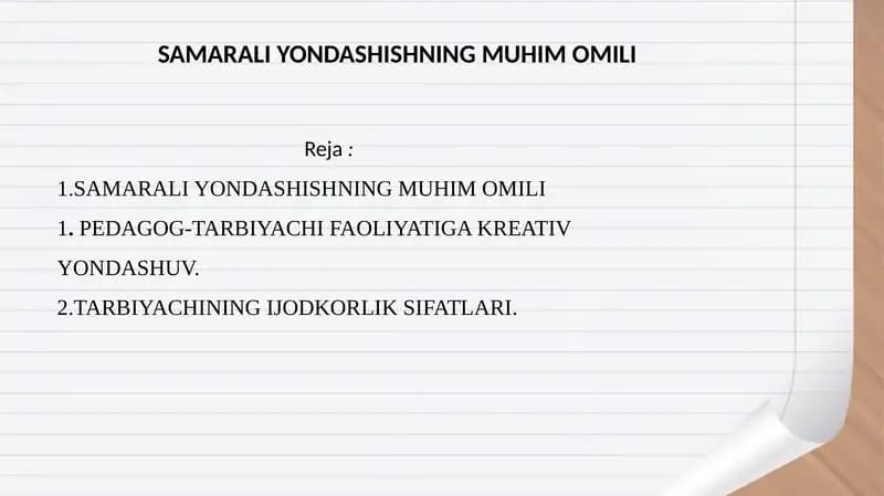 SAMARALI YONDASHISHNING MUHIM OMILI