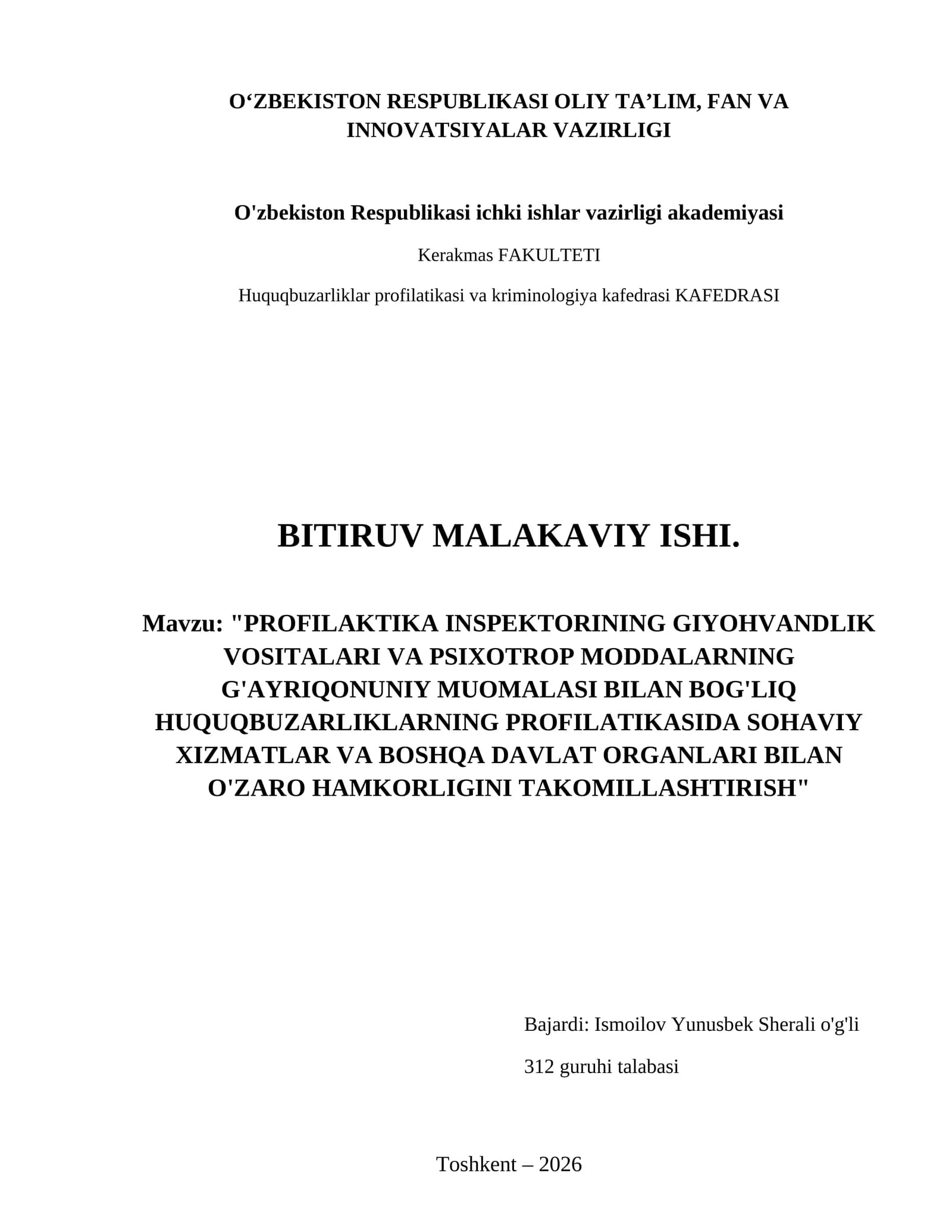 Profilaktika inspektorining giyohvandlik vositalari va psixotrop moddalarning g'ayriqonuniy muomalasi bilan bog'liq huquqbuzarliklarning profilatikasida sohaviy xizmatlar va boshqa davlat organlari bilan o'zaro hamkorligini takomillashtirish