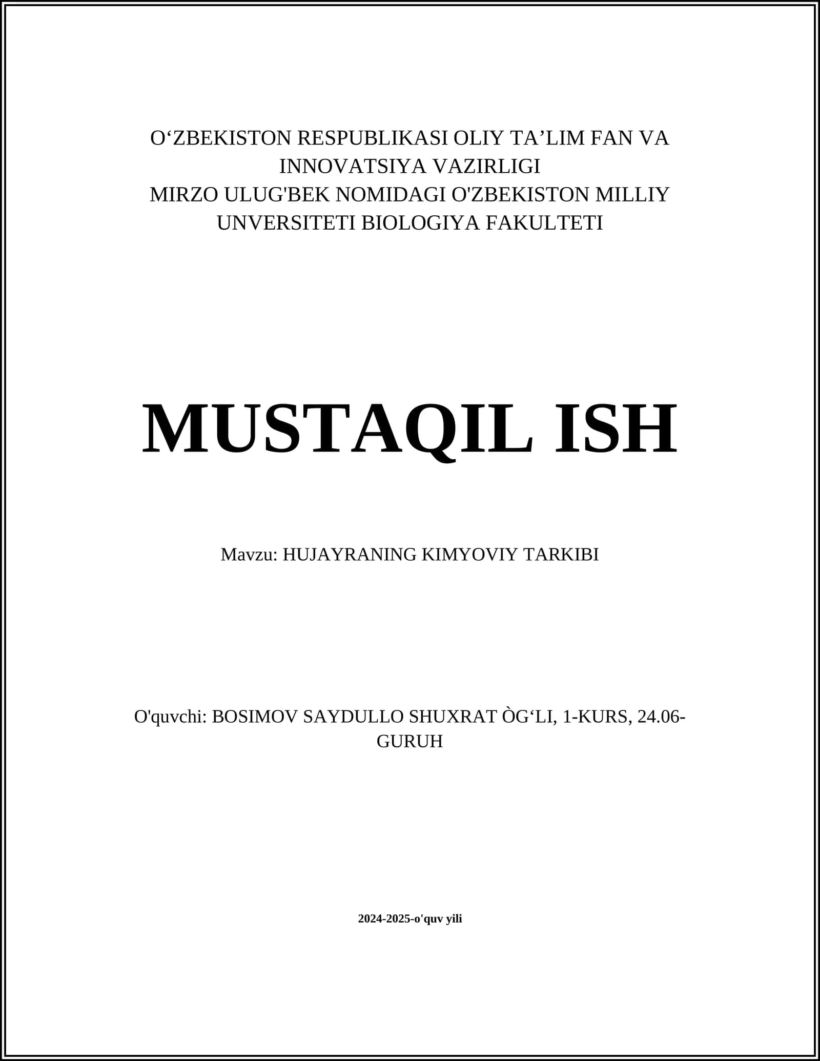 MUSTAQIL ISH Mavzu: HUJAYRANING KIMYOVIY TARKIBI