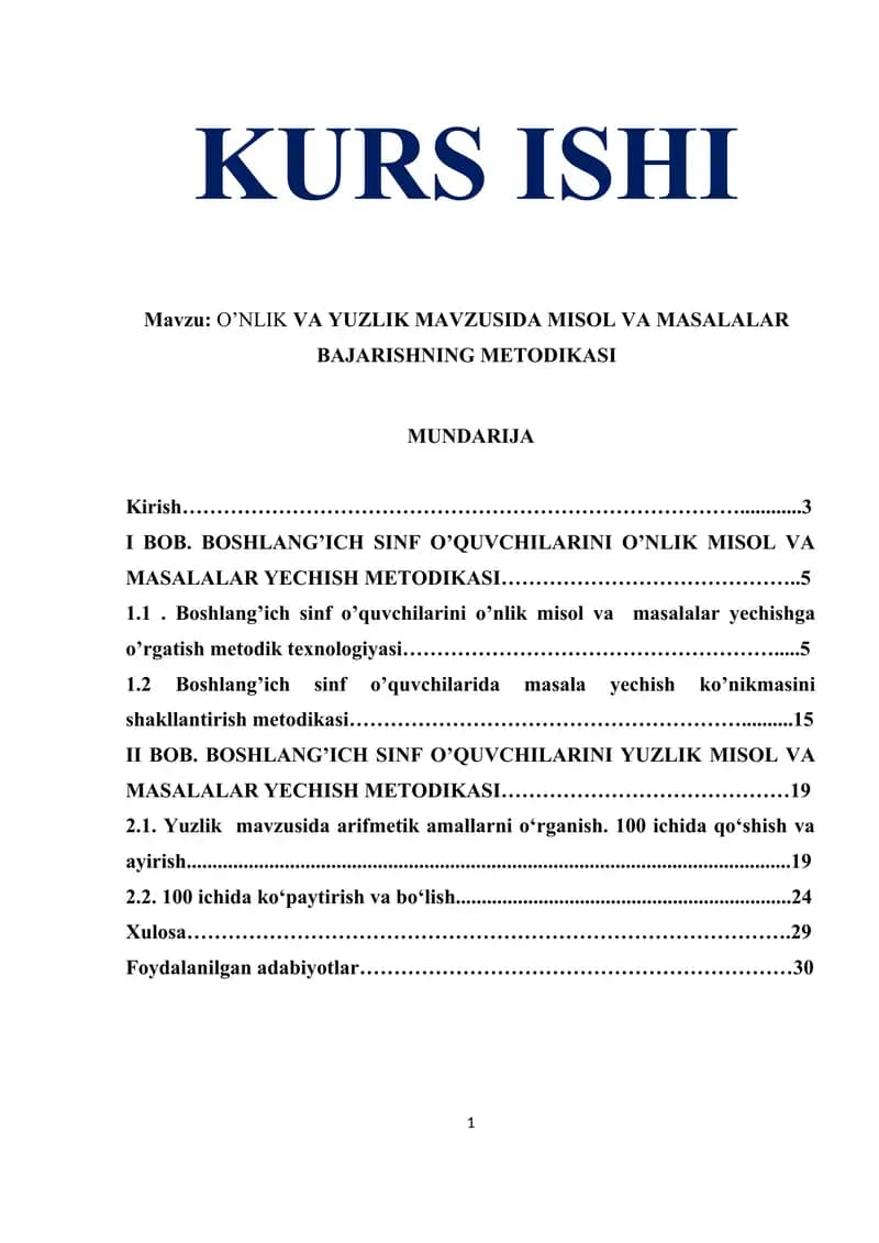O’NLIK VA YUZLIK MAVZUSIDA MISOL VA MASALALAR BAJARISHNING METODIKASI