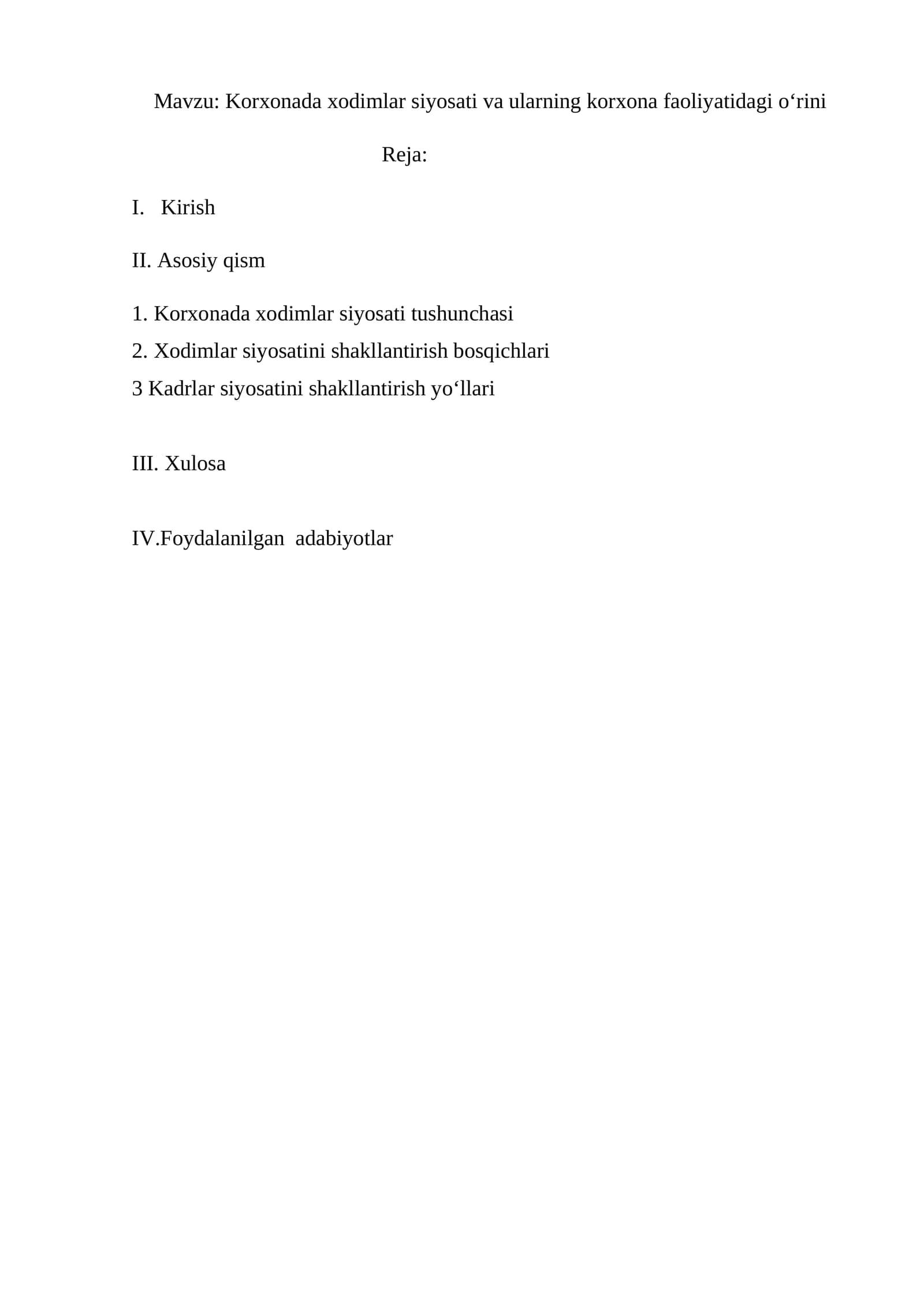 Korxonada xodimlar siyosati va ularning korxona faoliyatidagi oʻrini