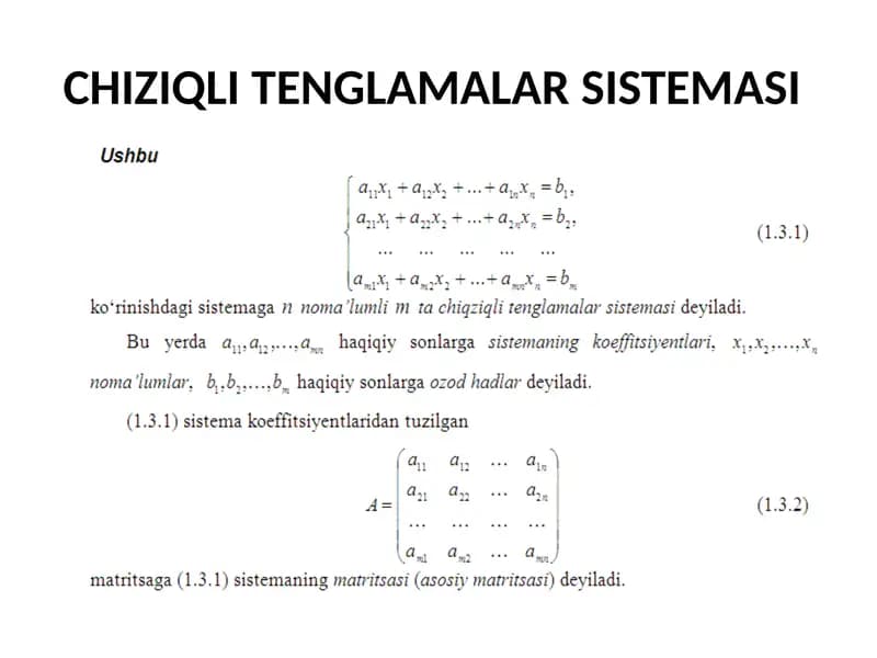 Oliy matematika: chiziqli tenglamalar sistemasi taqdimoti