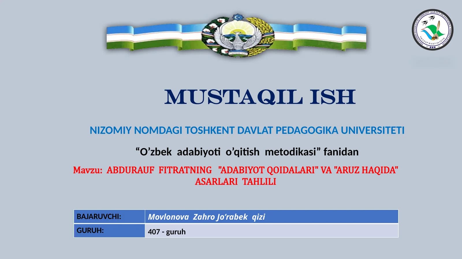 Fitratning "Aruz haqida" va "Adabiyot qoidalari" asarlari tahlili taqdimoti
