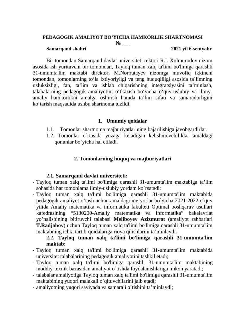 PEDAGOGIK AMALIYOT BO‘YICHA HAMKORLIK SHARTNOMASI