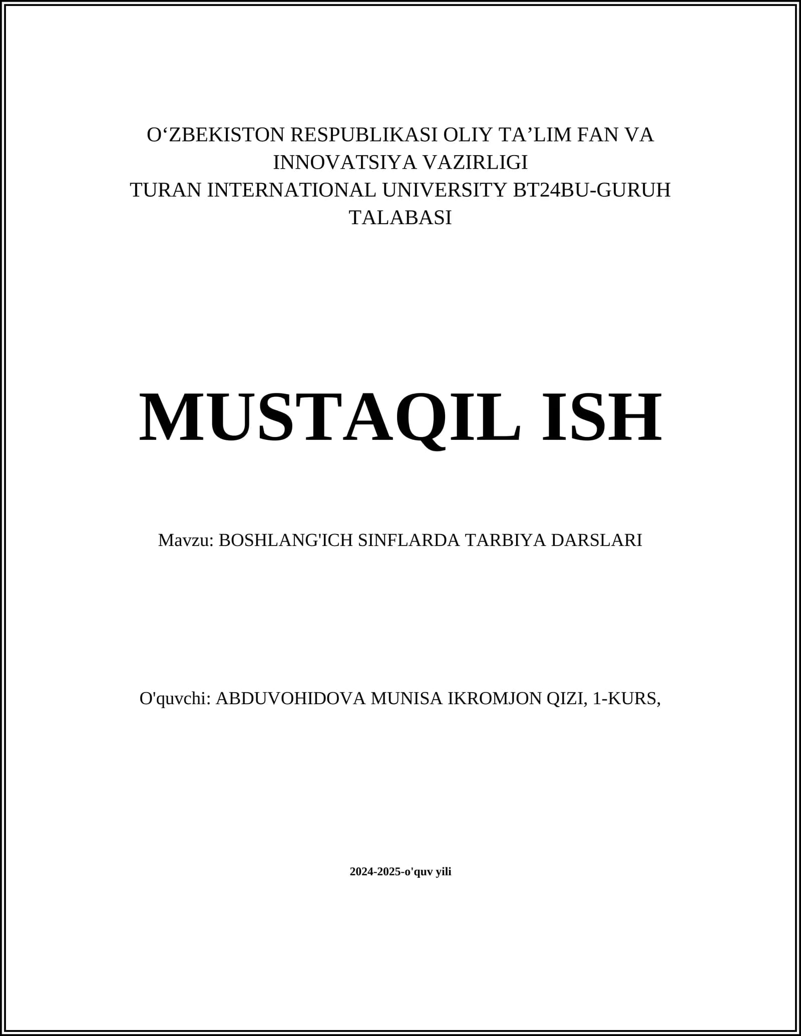 BOSHLANG'ICH SINFLARDA TARBIYA DARSLARI