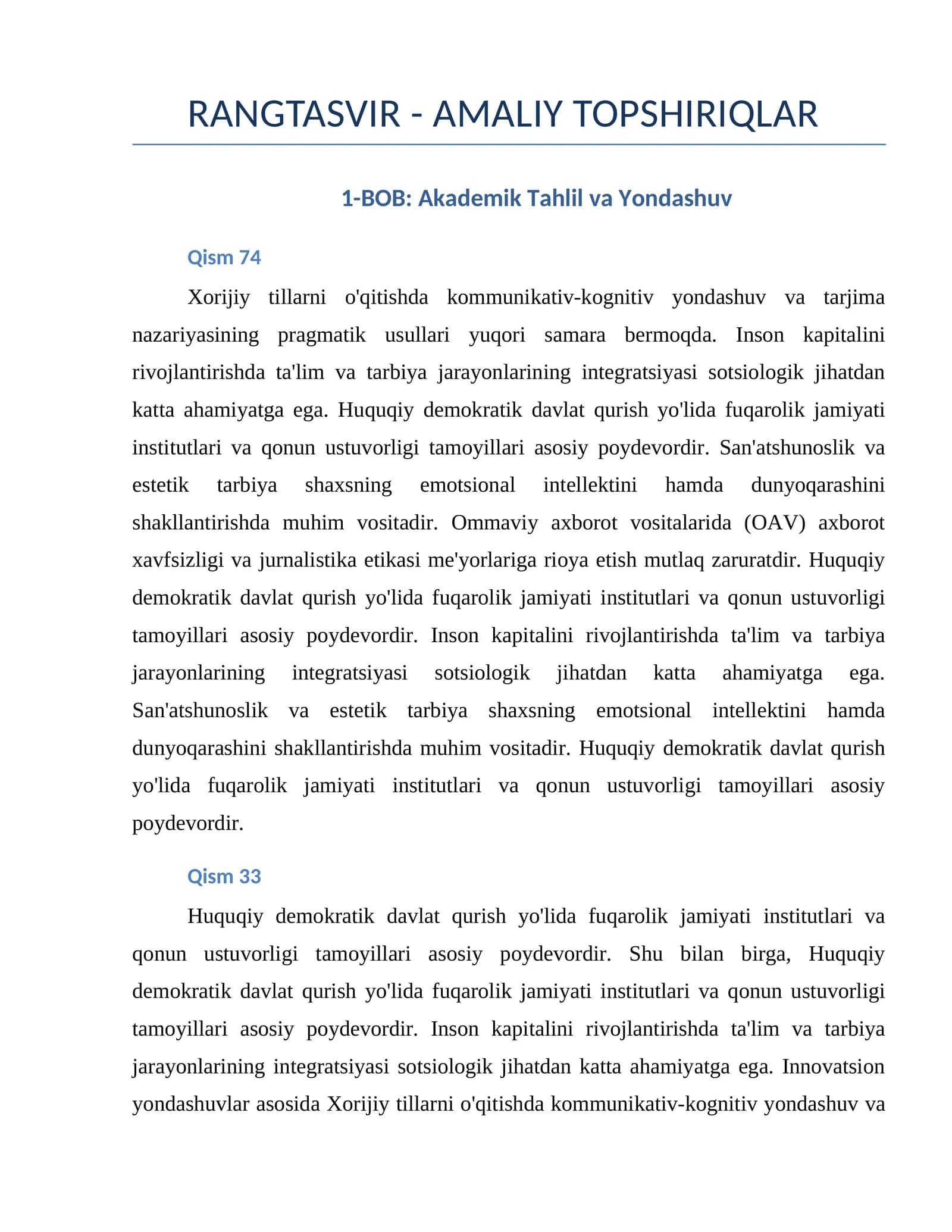 RANGTASVIR - AMALIY TOPSHIRIQLAR
