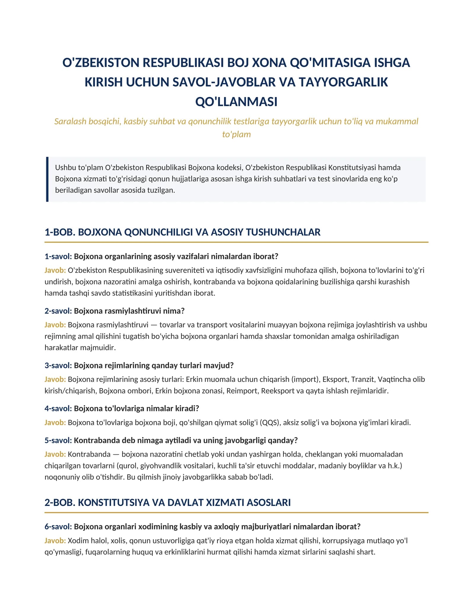 Bochxona qo'mitasiga ishga kirish uchun savol javoblar to'plami