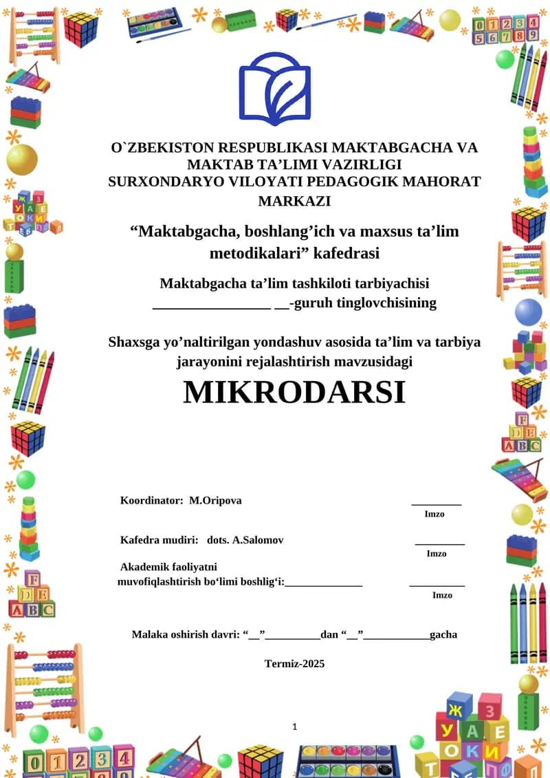 Shaxsga yoʼnaltirilgan yondashuv asosida taʼlim va tarbiya jarayonini rejalashtirish