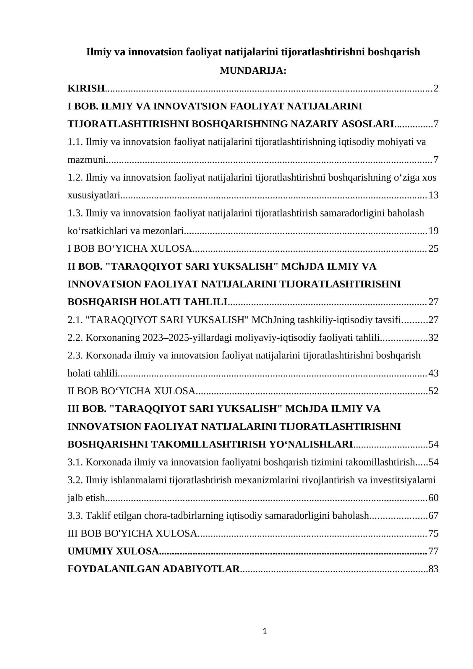 Ilmiy va innovatsion faoliyat natijalarini tijoratlashtirishni boshqarish