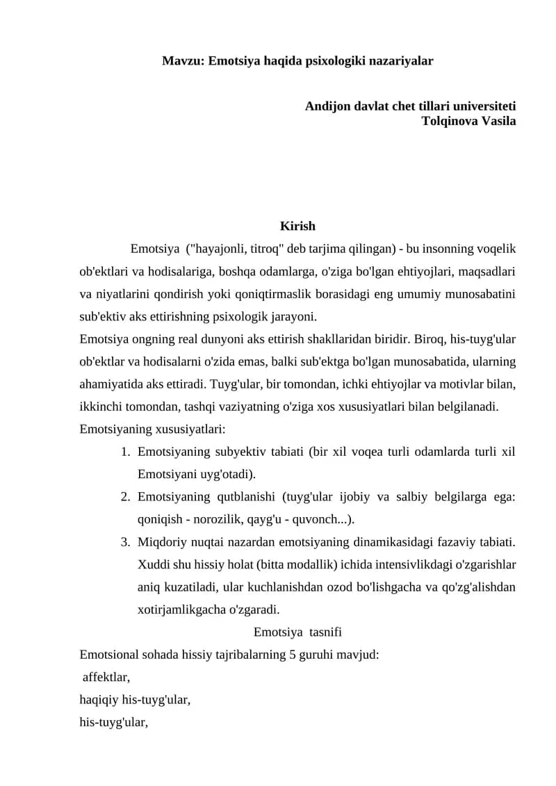 Emotsiya haqida psixologiki nazariyalar