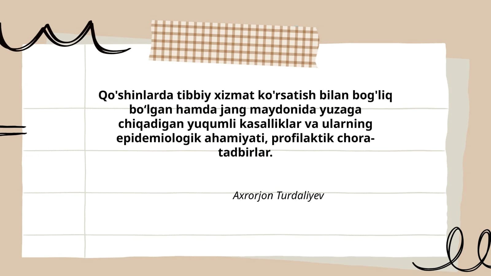 Qo'shinlarda tibbiy xizmat ko'rsatish bilan bog'liq boʻlgan hamda jang maydonida yuzaga chiqadigan yuqumli kasalliklar va ularning epidemiologik ahamiyati, profilaktik chora-tadbirlar