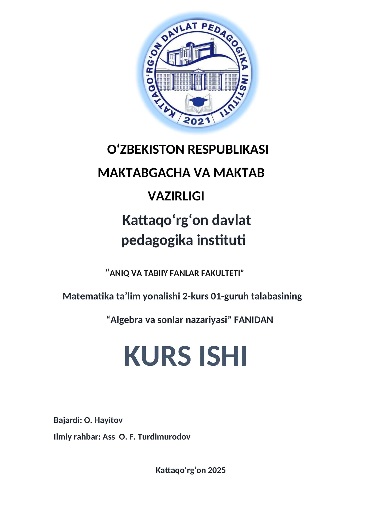 "Algebra va sonlar nazariyasi" FANIDAN KURS ISHI