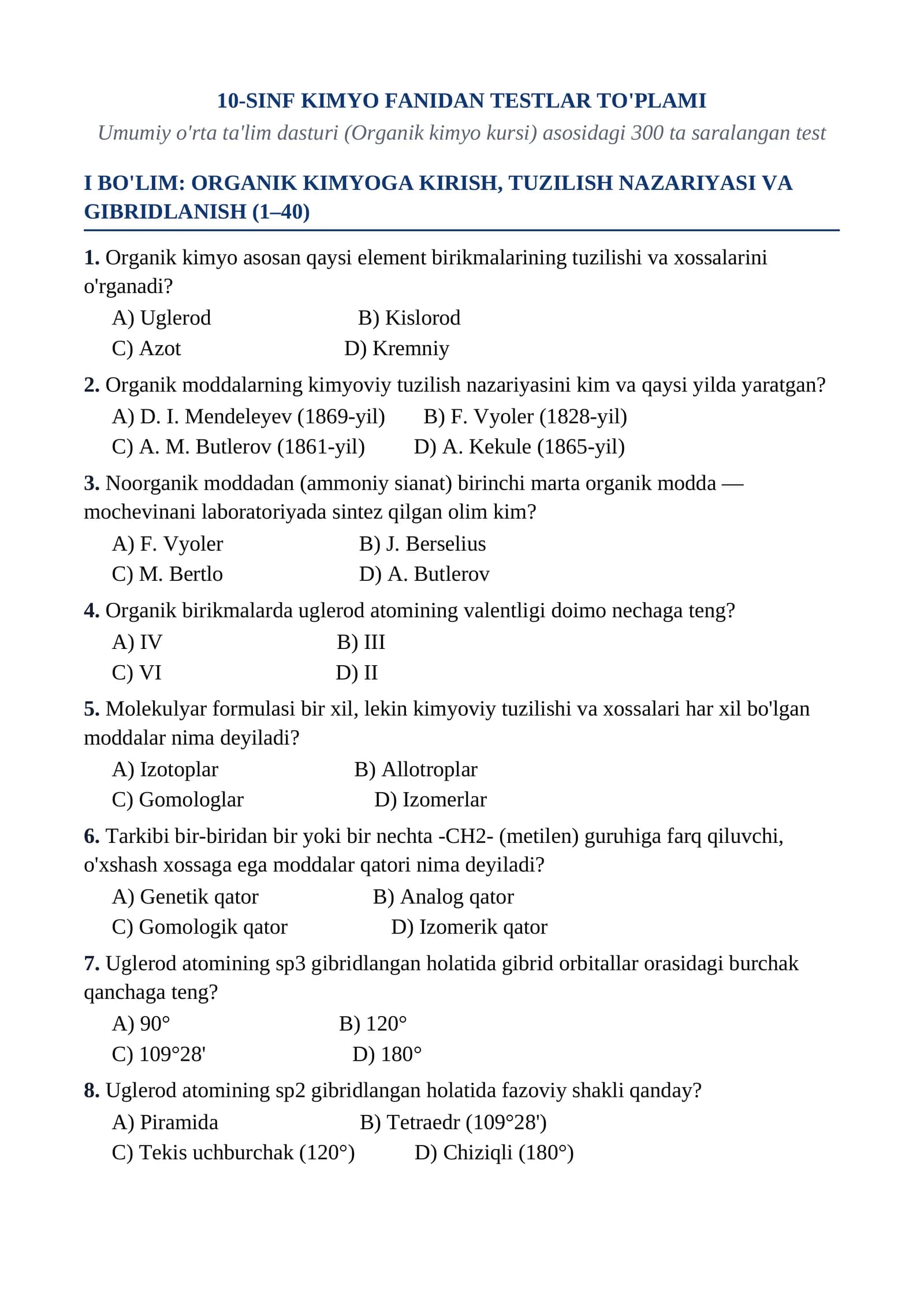 10-SINF KIMYO FANIDAN TESTLAR TO'PLAMI