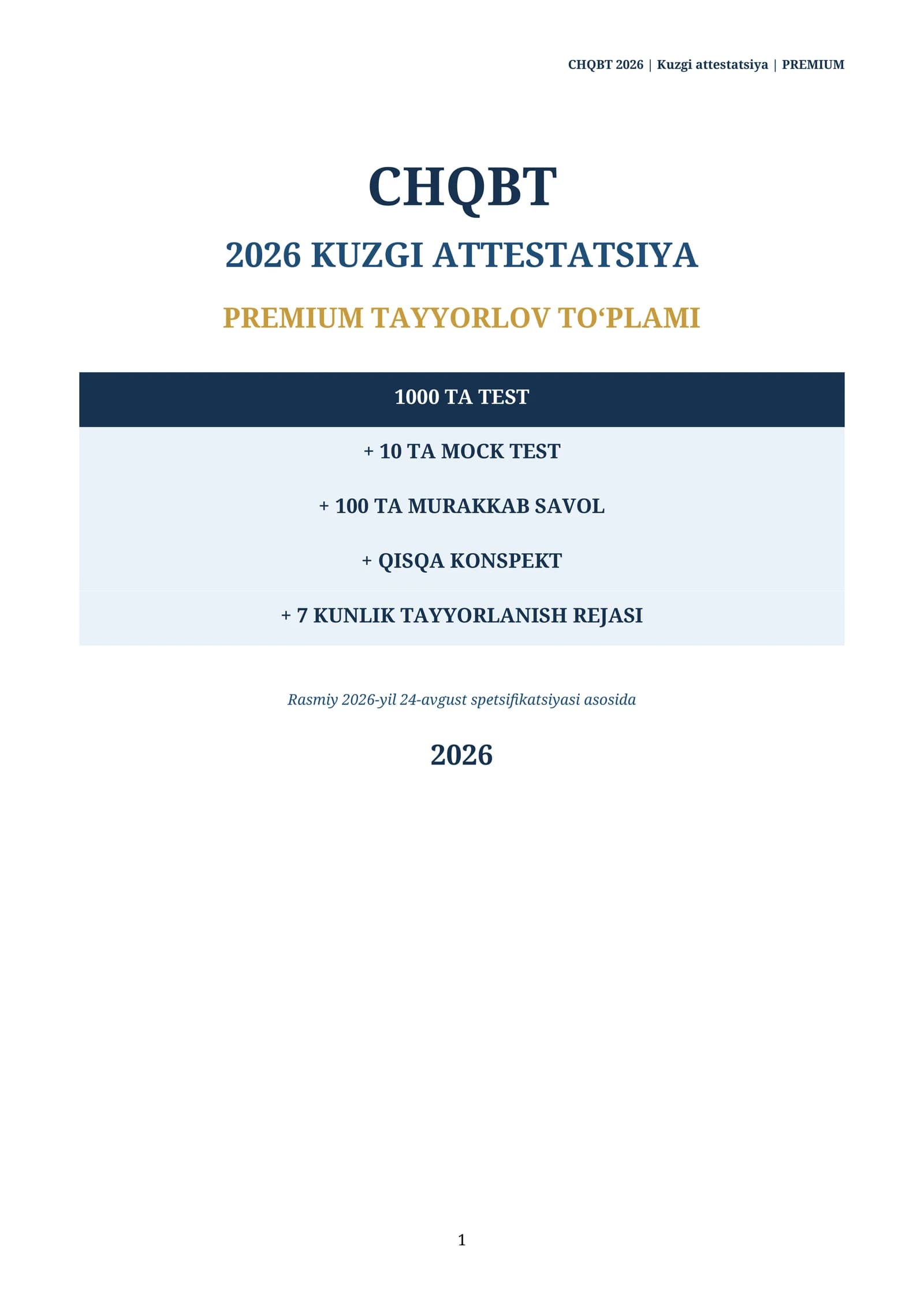 CHQBT 2026 kuzgi attestatsiya | 1000 ta test + 10 ta MOCK test + konspekt