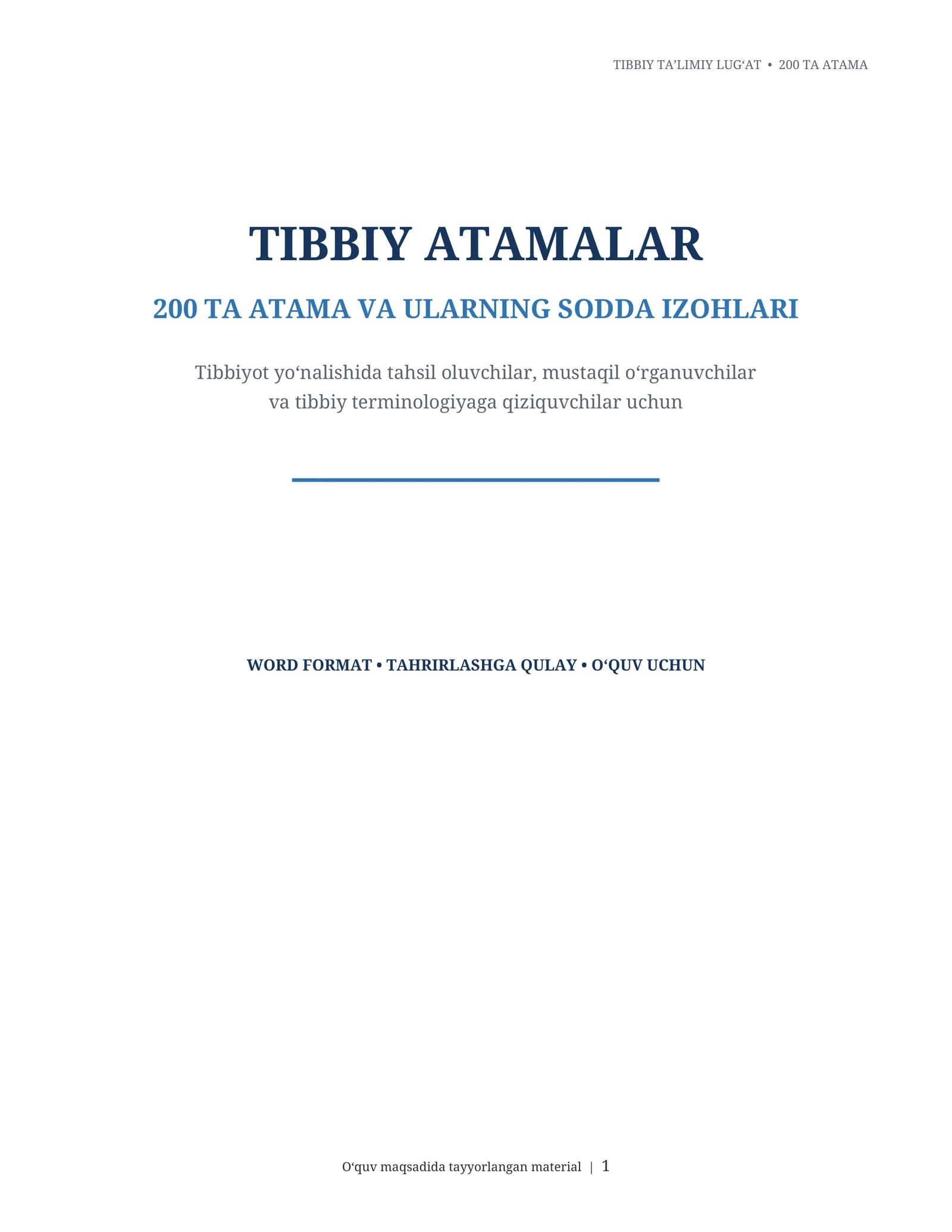 Tibbiy atamalar lug‘ati — 200 ta tibbiy termin va izohlar | Word DOCX