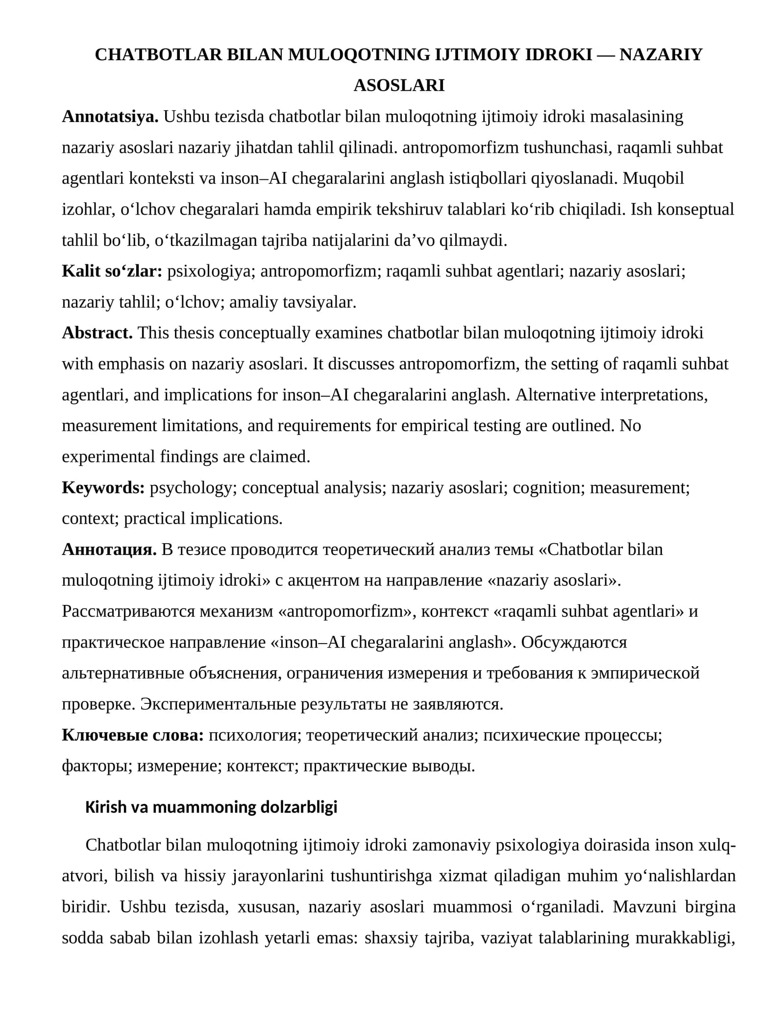 CHATBOTLAR BILAN MULOQOTNING IJTIMOIY IDROKI — NAZARIY ASOSLARI