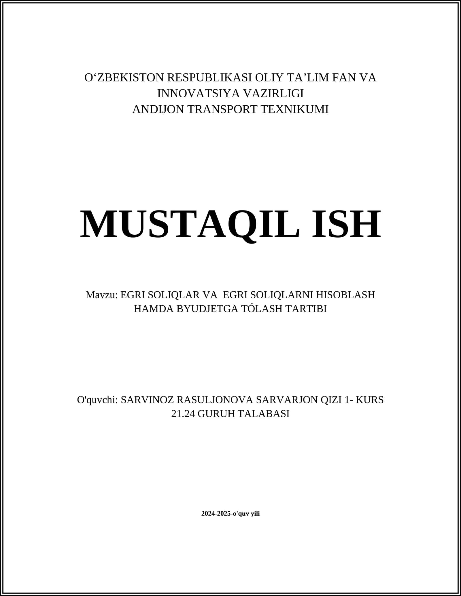 EGRI SOLIQLARNI HISOBLASH HAMDA BYUDJETGA TÓLASH TARTIBI