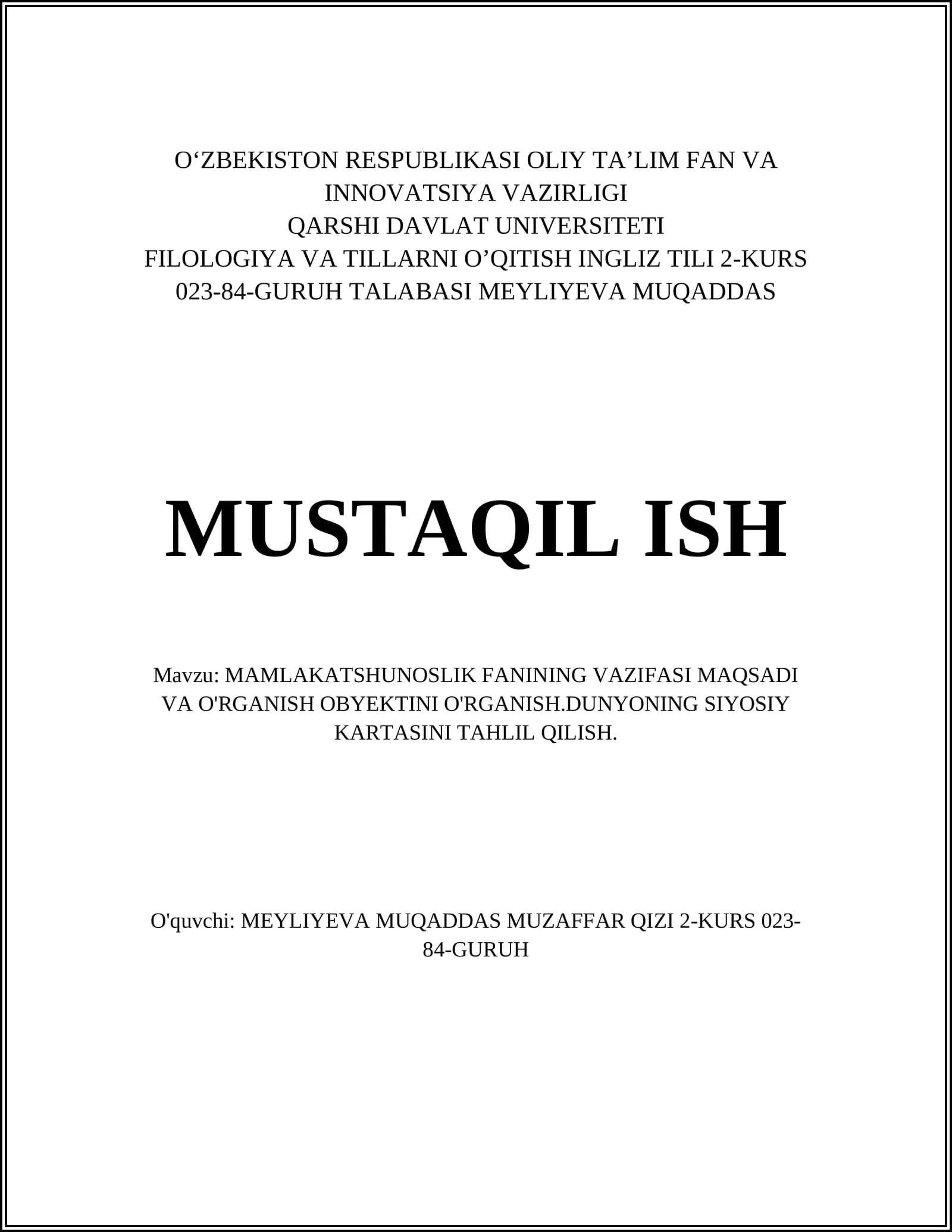 Mamlakatshunoslik fanining vazifasi maqsadi va o'rganish obyektini o'rganish