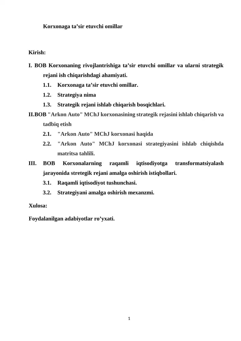 Arkon Auto MChJ korxonasi strategiyasini ishlab chiqishda matritsa tahlili.