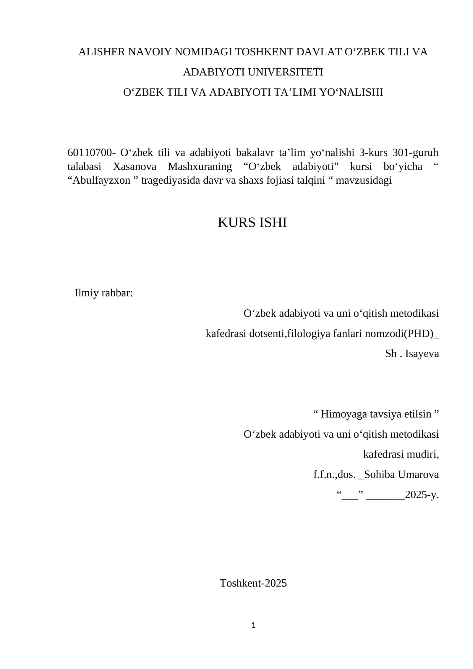 O‘zbek adabiyoti va uni o‘qitish metodikasi kurs ishi