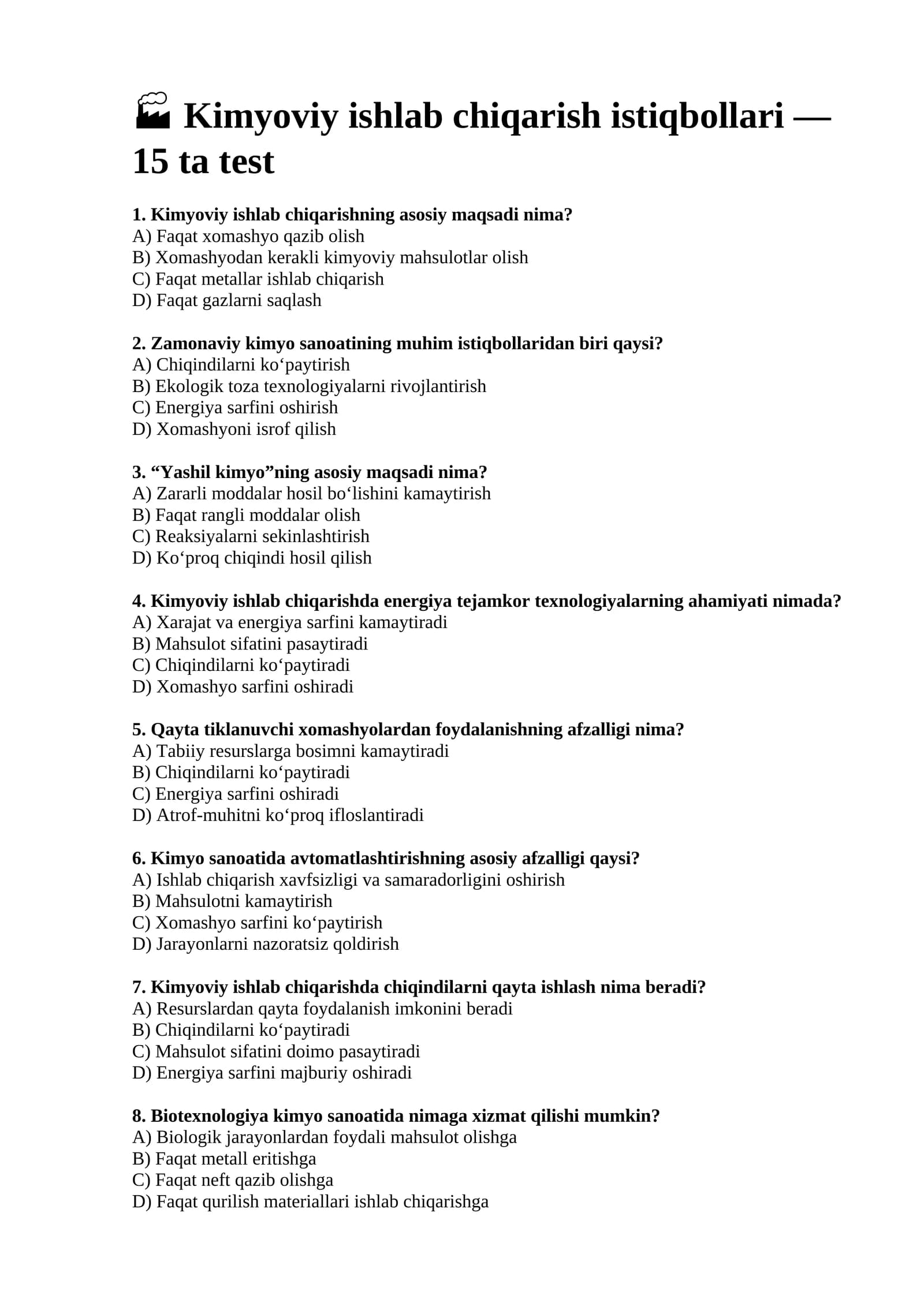 Kimyoviy ishlab chiqarish istiqbollari — 15 ta test