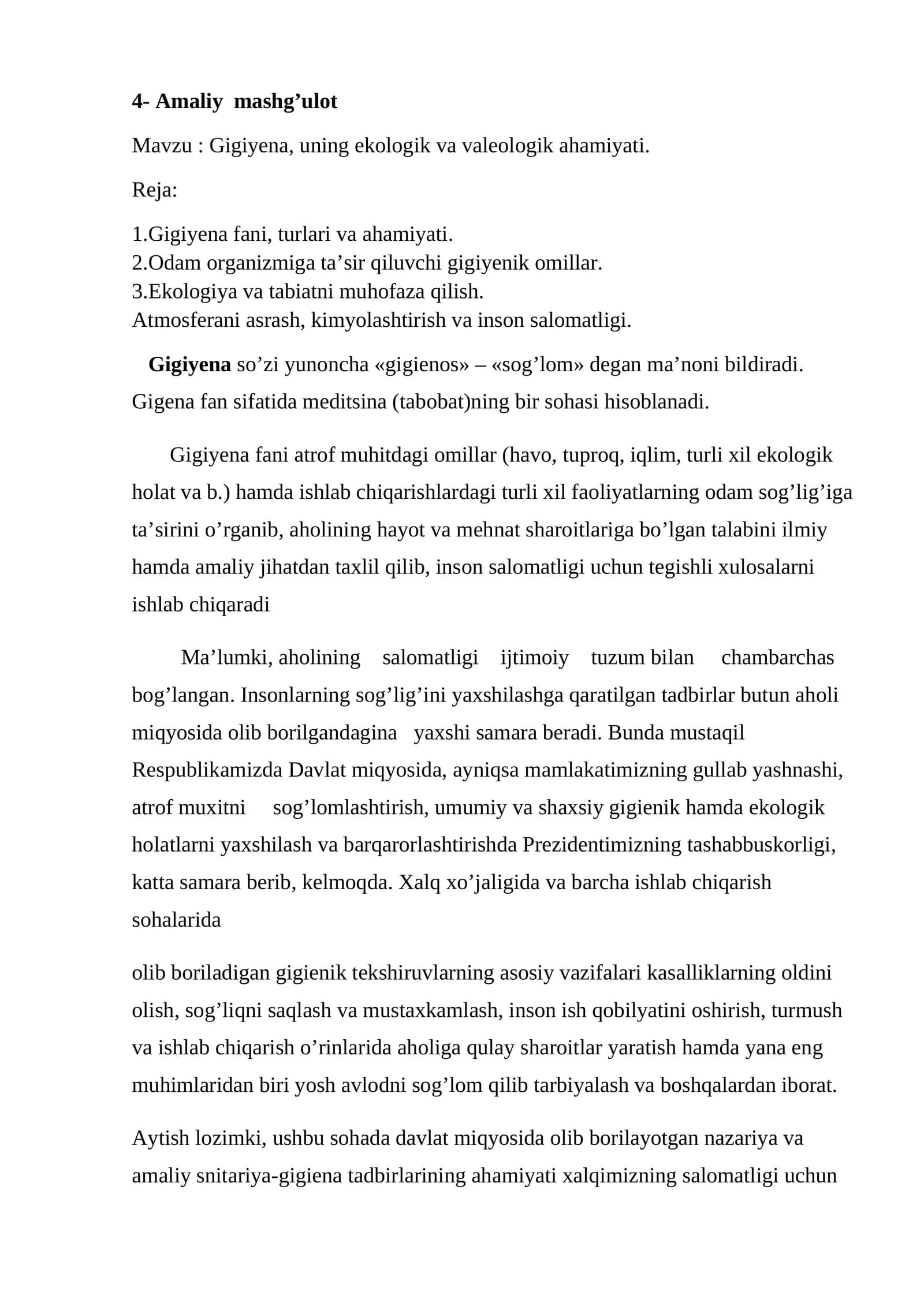 Gigiyena, uning ekologik va valeologik ahamiyati